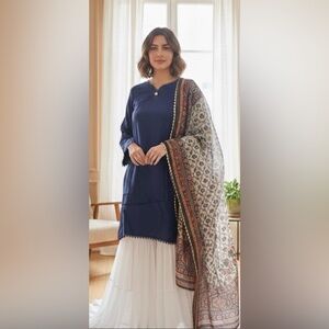 NWT Sana Safinaz Midnight Indigo & Ivory Floor-Length Sharara Ensemble. Size M.